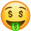 Gözleri ve dili para olan emoji U+1F911 Gözleri ve dili para olan emoji U+1F911